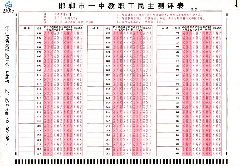 邯鄲市一中教職工民主測(cè)評(píng)表